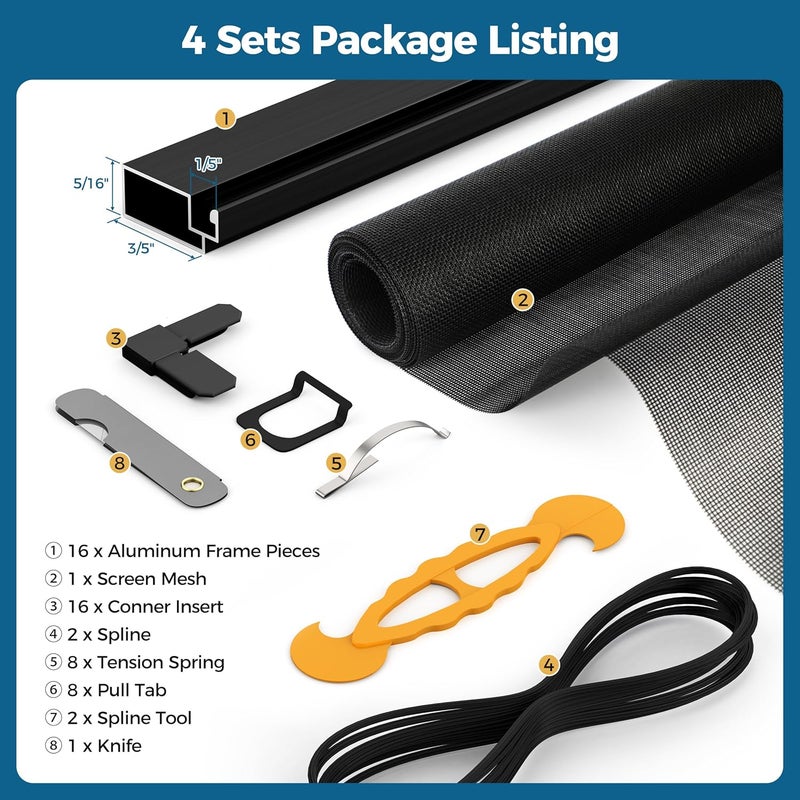 augblinds 4 Sets Aluminum Window Screen Frame Kit, 5/16 in x 3/5 in x 46 Inch, Makes Four Complete Screen 46" x 46" or Smaller, Includes Premium Screen Mesh, Heavy Duty Corners & Durable Spline, Black - Image 4